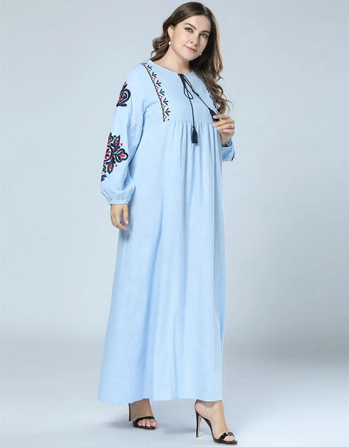 Elegant Embroidered Abaya with Lantern Sleeves and Large Swing Skirt